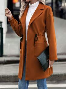 SHEIN LUNE Lapel Neck Drawstring Waist Dual Pocket Drop Shoulder Overcoat - Rust Brown - View 3