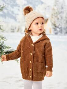 SHEIN Cardigan Bayi Perempuan Kantong Tombol Depan Plain - Mocha Brown - View 6