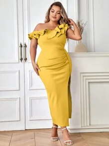 Hơn Một bờ vai Viền Ruffle Xù Tách đùi Đầm - Màu vàng - Xem 1