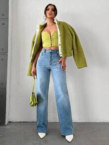 SHEIN Cottnline Wide Leg Jeans With Slant Pockets & Frayed Hem Design - Medium Wash - View 5