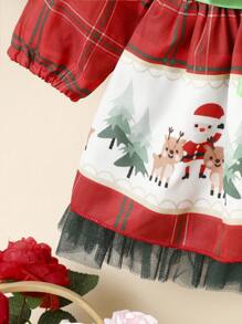 Baby Girl Christmas Print Peter Pan Collar Contrast Mesh Hem Belted Dress - Multicolor - View 3