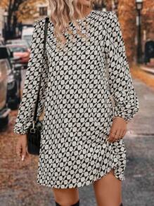 SHEIN LUNE 印花灯笼袖束腰连衣裙，休闲款 - 卡其色 - 查看 5