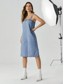 SHEIN Privé Solid Denim Overall Dress - Blue - View 1