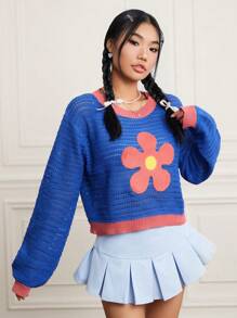 SHEIN EZwear Floral Pattern Contrast Trim Drop Shoulder Sweater - Blue - View 4