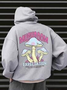 Manfinity Hypemode Loose Fit Men's Mushroom & Slogan Graphic Drawstring Thermal Hoodie - Light Grey - View 1