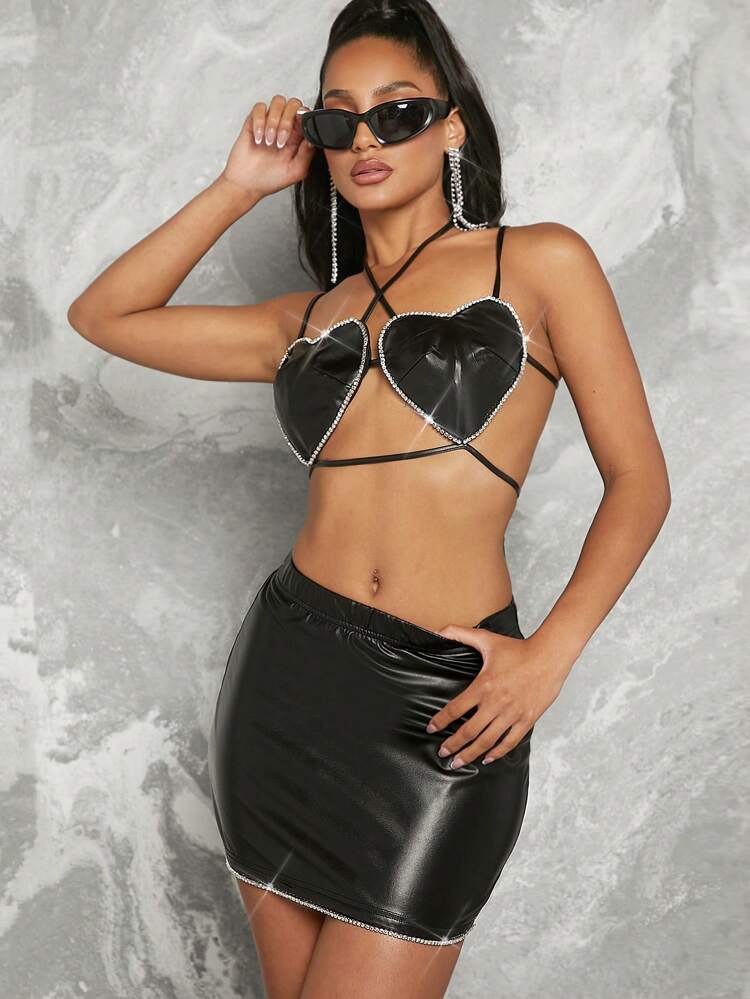 Rhinestone Heart Tie Top & Skirt Two Pieces Set