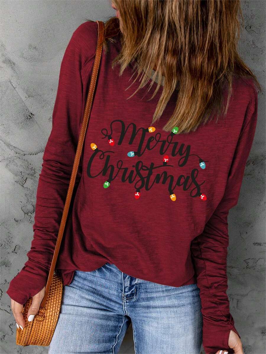 Christmas Print Raglan Sleeve Tee - Multicolor - View 1