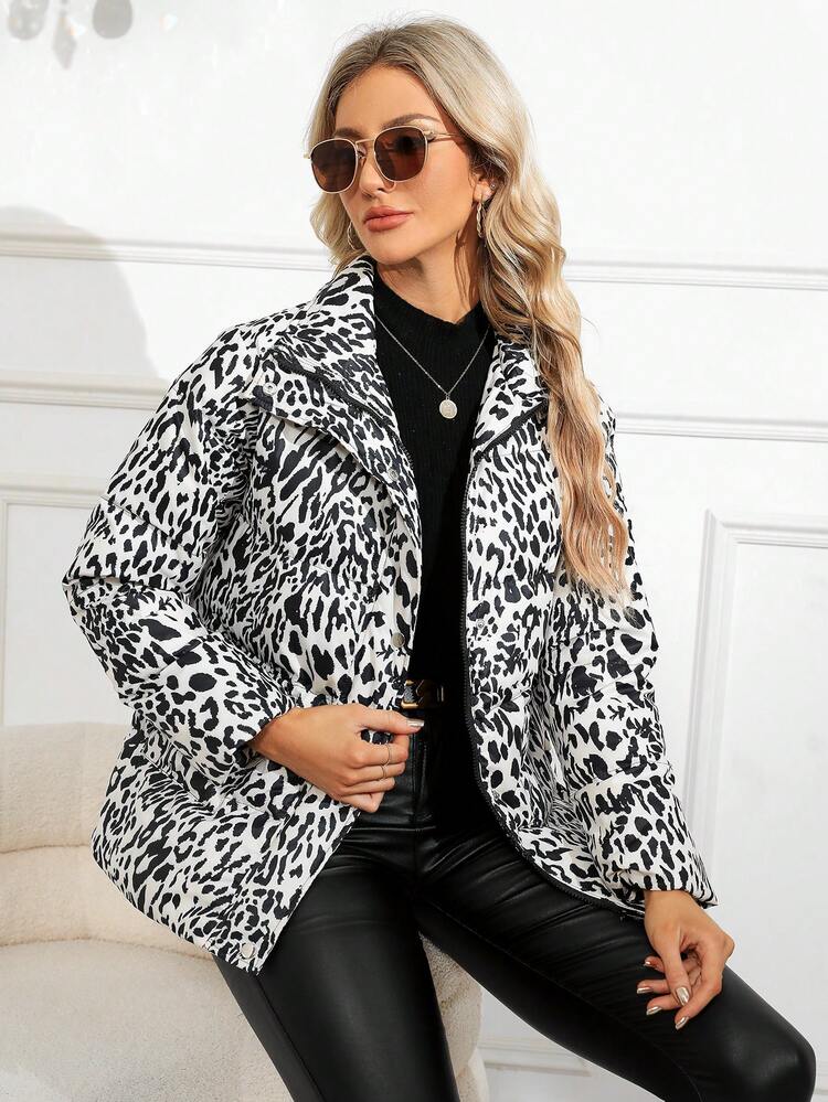 Leopard Print Belted Padded Coat