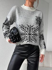 EURMUSE Pullover mit Schneeflocken Muster, Drop Shoulder - Schwarz und Weiss - Übersicht 1