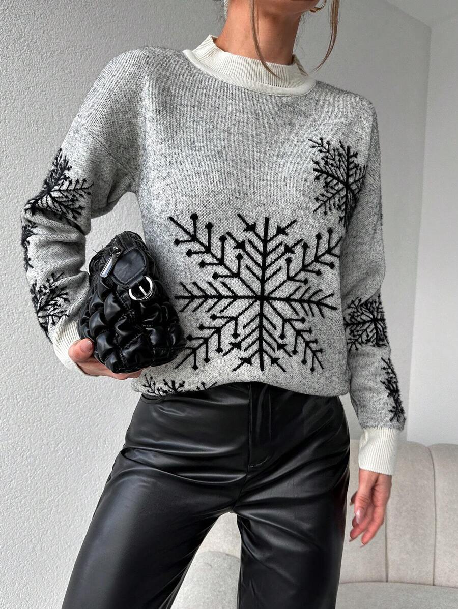 EURMUSE Pullover mit Schneeflocken Muster, Drop Shoulder - Schwarz und Weiss - Übersicht 1