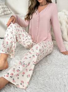 CottageSlumber Bộ đồ ngủ/Pjama cài nút và quần in hoa cho mùa lễ hội, họa tiết hoa rực rỡ, ấm cúng và thanh lịch, trang phục thu đông - Hồng - Xem 5