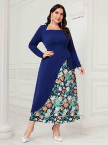 Modelyn Plus Floral Print Square Neck Arabian Dress - Blue - View 1