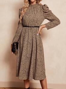 SHEIN Clasi Dalmatian Print Gigot Sleeve Dress - Brown - View 1