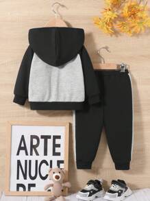 SHEIN Bộ 2 chiếc/Bộ Unisex Baby Letter Graphic Raglan Sleeve Contrast Hoodie Sweatshirt and Pants, Dày và có lót nhiệt - màu đen - Xem 2
