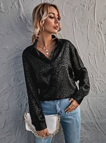 SHEIN Privé Áo sơ mi Nút phía trước Báo Xa ten - màu đen - Xem 1