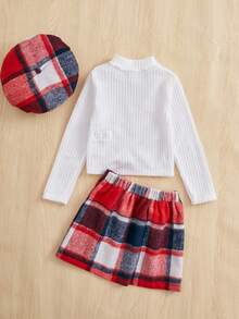 Young Girl Mock Neck Tee & Plaid Print Skirt & Hat - Red - View 2
