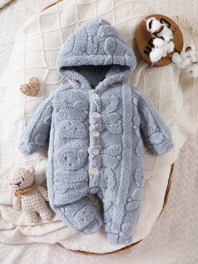 SHEIN Vintaside Kids 男婴纯色前扣连帽羊毛连体衣，冬季