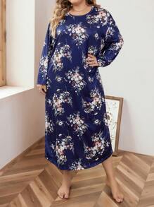 Große Größen Allover Blume Muster Nachthemd, langes Kleid, Moo Moo, für Herbst & Winter, gemütlicher Outfit - Blau - Übersicht 3