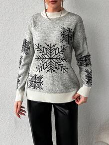 EURMUSE Pullover mit Schneeflocken Muster, Drop Shoulder - Schwarz und Weiss - Übersicht 4