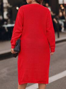 Plus Cable Knit Split Hem Sweater Dress Without Belt For New Year Clothes - Red - View 2