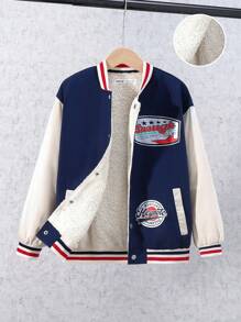 SHEIN Tween Boy Letter Graphic Striped Trim Drop Shoulder Varsity Jacket - Multicolor - View 4