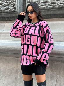 EURMUSE 通體字母圖案落肩毛衣 - 粉色 - 查看 3