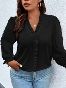 SHEIN LUNE Plus Swiss Dot Frill Trim Flounce Sleeve Blouse - Black - View 1