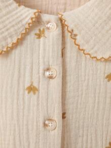 SHEIN Genkimix Kids Young Girl Floral Embroidery Peter Pan Collar Lantern Sleeve Blouse - Apricot - View 5