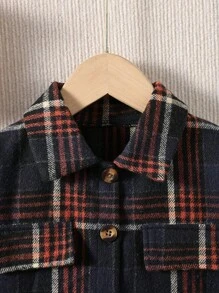 SHEIN Young Girl Plaid Print Flap Detail Overcoat Without Sweater - Navy Blue - View 4