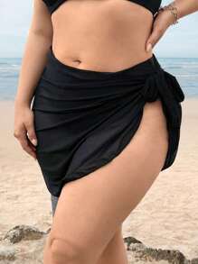 Swim Vcay Summer Beach Plus Solid Sheer Wrap Knot Side Cover Up Skirt Without Bikini Bottom - Black - View 5