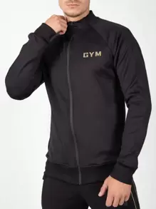 Manfinity Sport Corelite Hombres Chaqueta Deportiva Con Cremallera Y Manga Raglán Con Estampado De Letras Tops Deportivos - Negro - Ver 1