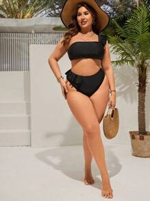 SHEIN Swim Curve 附荷葉邊設計單肩比基尼泳裝套裝 - 黑色 - 查看 5