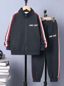 SHEIN 2pcs Tween Boys' Casual Printed Pattern Spliced Ribbed Collar Zip-Up Jacket And Side Seam Ribbed Sweatpants Set, Fleece, Thickened - Black - View 6