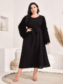 Al Najma Plus Fuzzy Bell Sleeve Belted Dress - Black - View 5