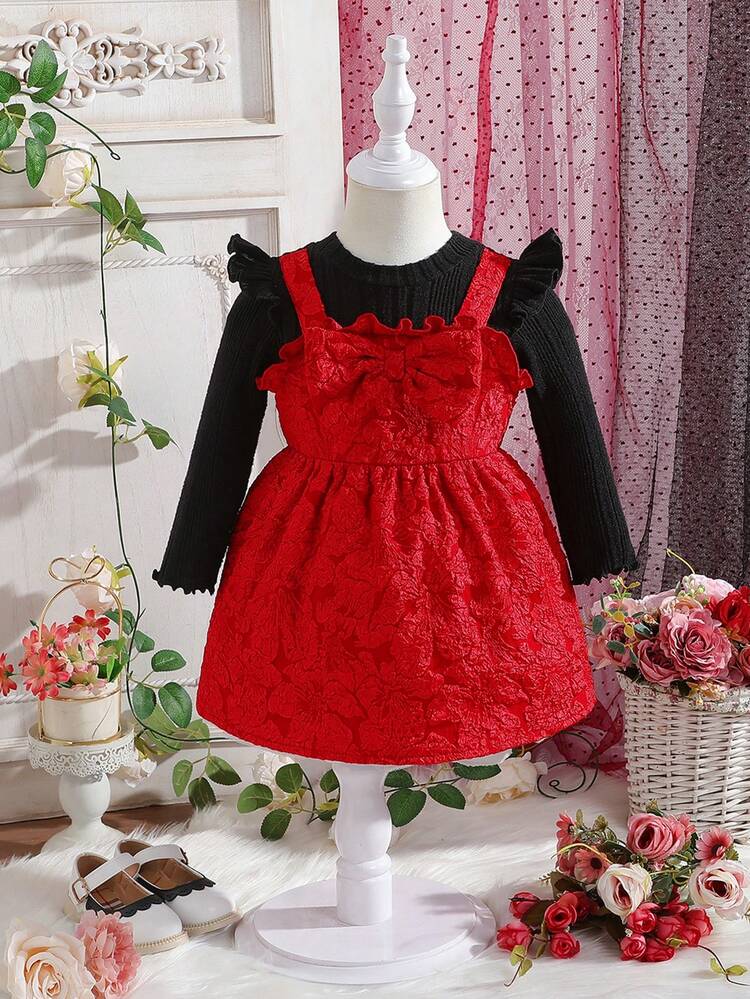 Baby Girl Ruffle Trim Bow Front 2 In 1 Dress