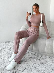 EURMUSE Women's Solid Color Crew Neck Long Sleeve Cropped T-Shirt And Pants Casual 2-Piece Set - Brown - View 4