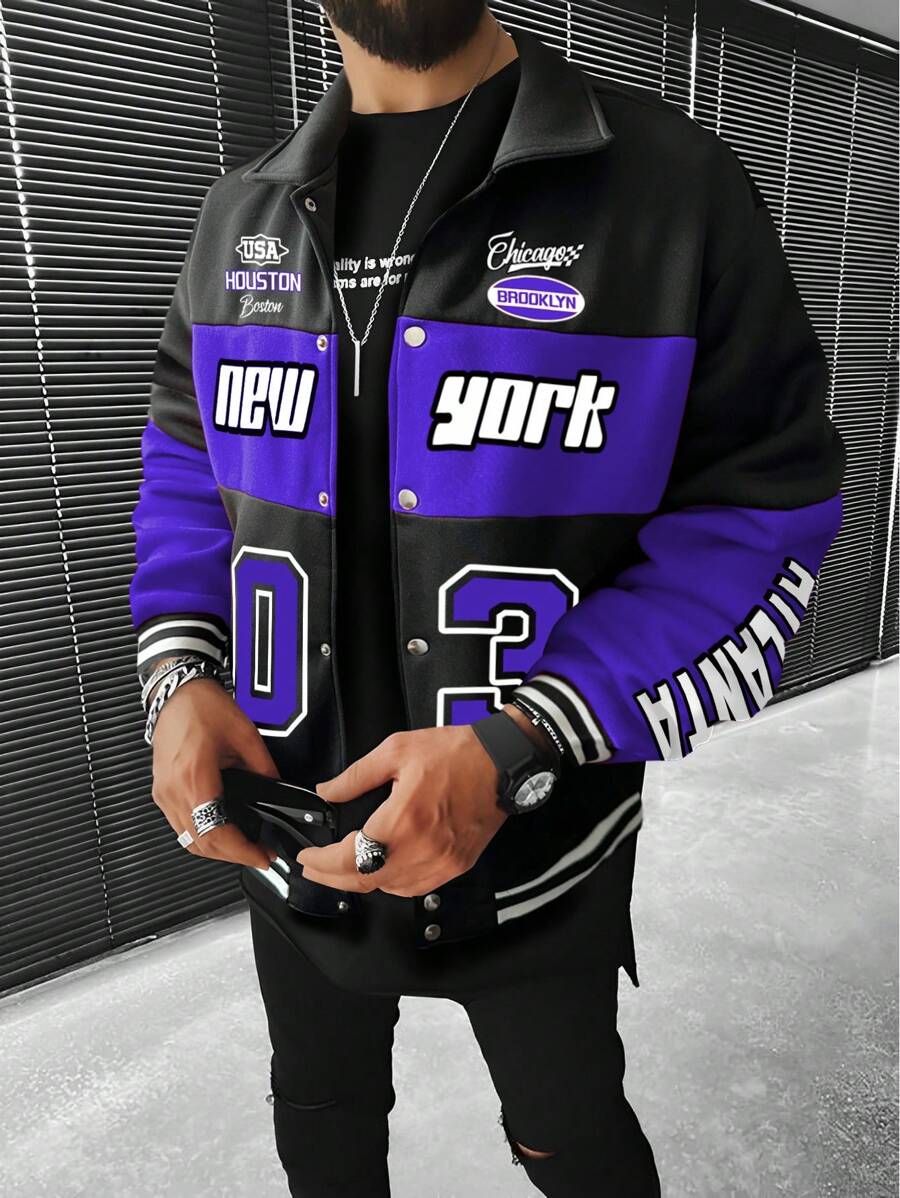 Manfinity LEGND 男士字母圖形彩塊落肩寬鬆夾克 - 紫色 - 查看 1