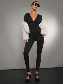 SHEIN BAE Solid Plunging Neck Unitard Jumpsuit