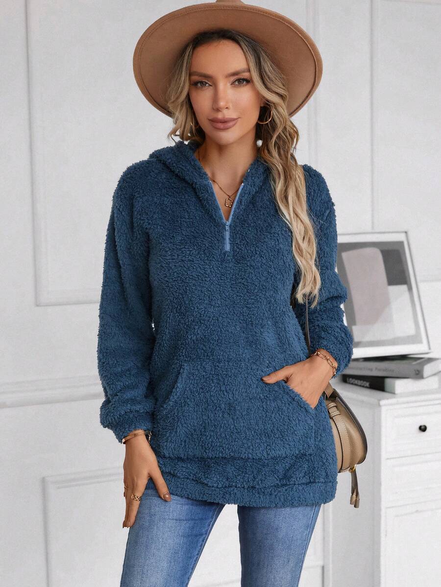 EMERY ROSE Một nửa khóa kéo Túi kangaroo Thả vai Flannel Hoodie - Màu xanh lam - Xem 1