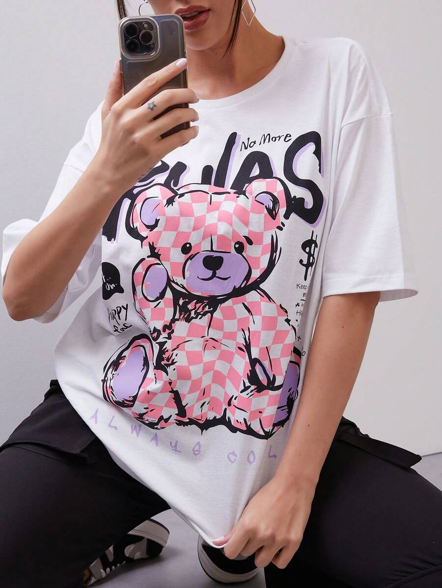 SHEIN 熊和標語圖案落肩T恤 - 白色 - 查看 1