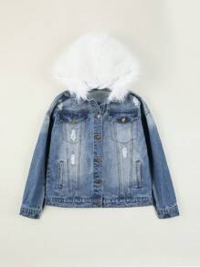 Teen Girl Ripped Fuzzy Trim Hooded Denim Jacket