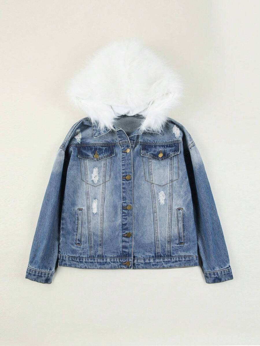 Teen Girl Ripped Fuzzy Trim Hooded Denim Jacket
