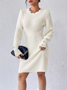 SHEIN Frenchy 紐扣細節條紋針織毛衣洋裝 - 米色 - 查看 3