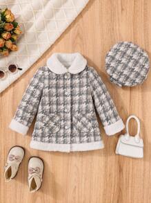 SHEIN Baby Girl Houndstooth Print Borg Collar Overcoat & Hat - Grey - View 1