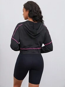 Gameset SHEIN Sport 拼接滾邊短款連帽運動衛衣 - 黑色 - 查看 2