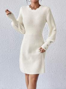 SHEIN Frenchy 紐扣細節條紋針織毛衣洋裝 - 米色 - 查看 1