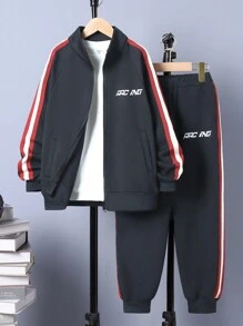 SHEIN 2pcs Tween Boys' Casual Printed Pattern Spliced Ribbed Collar Zip-Up Jacket And Side Seam Ribbed Sweatpants Set, Fleece, Thickened - Black - View 1