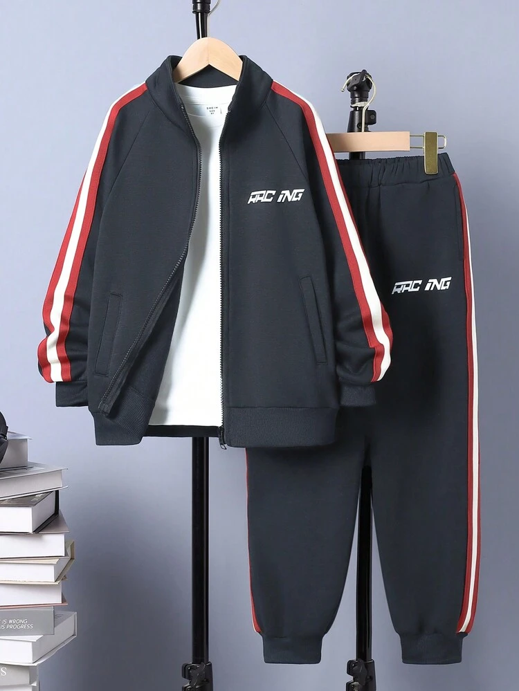 2pcs Tween Boys' Casual Printed Pattern Spliced Ribbed Collar Zip-Up Jacket And Side Seam Ribbed Sweatpants Set, Fleece, Thickened