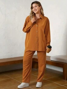 SHEIN LUNE 大碼落肩袖襯衫&腰部抽繩長褲 - 橘色 - 查看 5