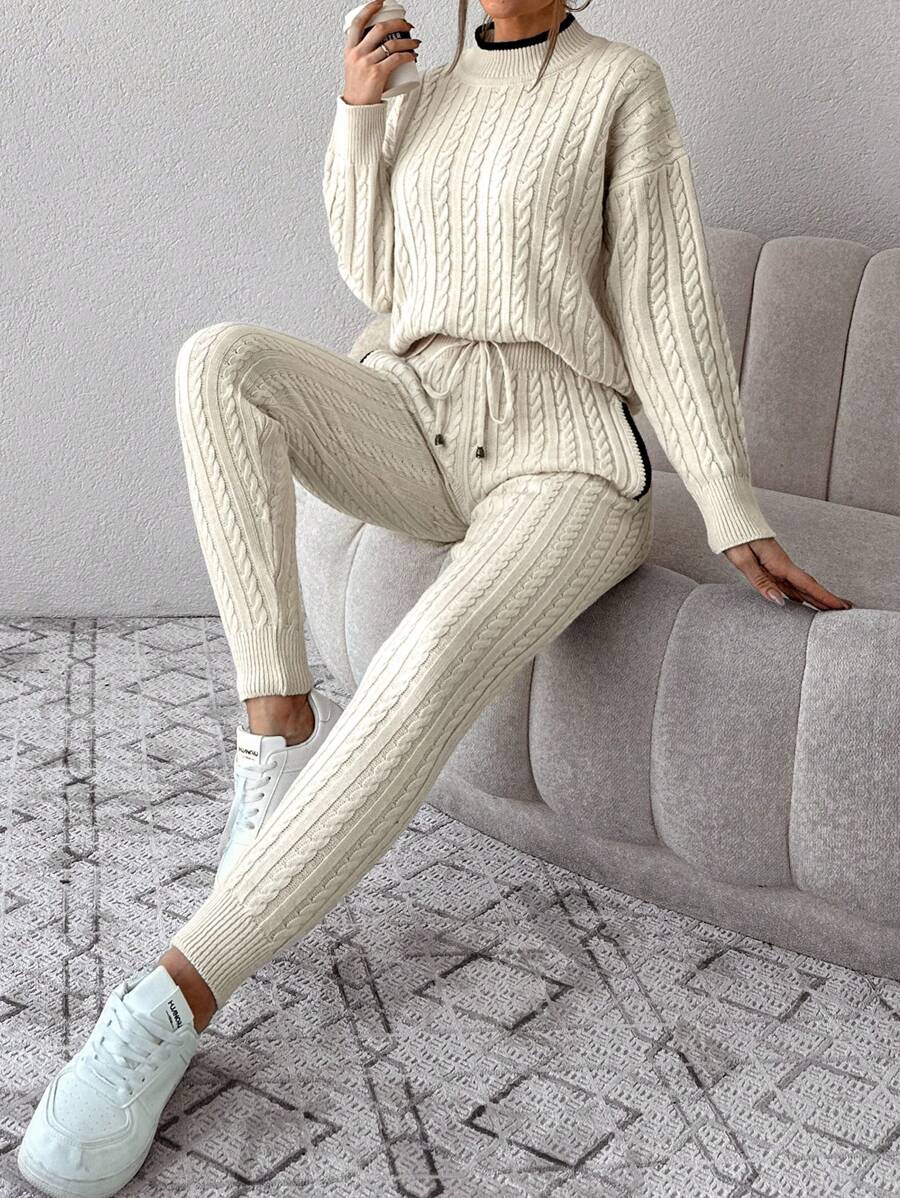 EURMUSE Cable Knit Drop Shoulder Sweater & Drawstring Waist Knit Pants - Beige - View 1